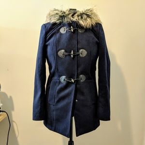 Navy Blue Toggle Coat with Faux Fur Hood